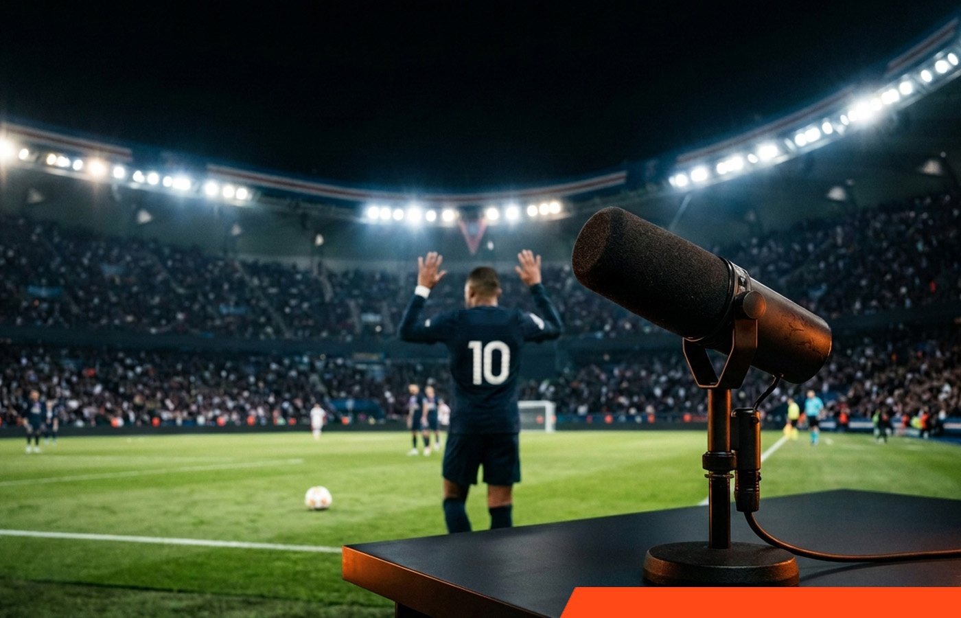A podcast microphone on a table at the side of the pitch, with a footballer wearing number 10 in a packed, floodlit stadium behind it